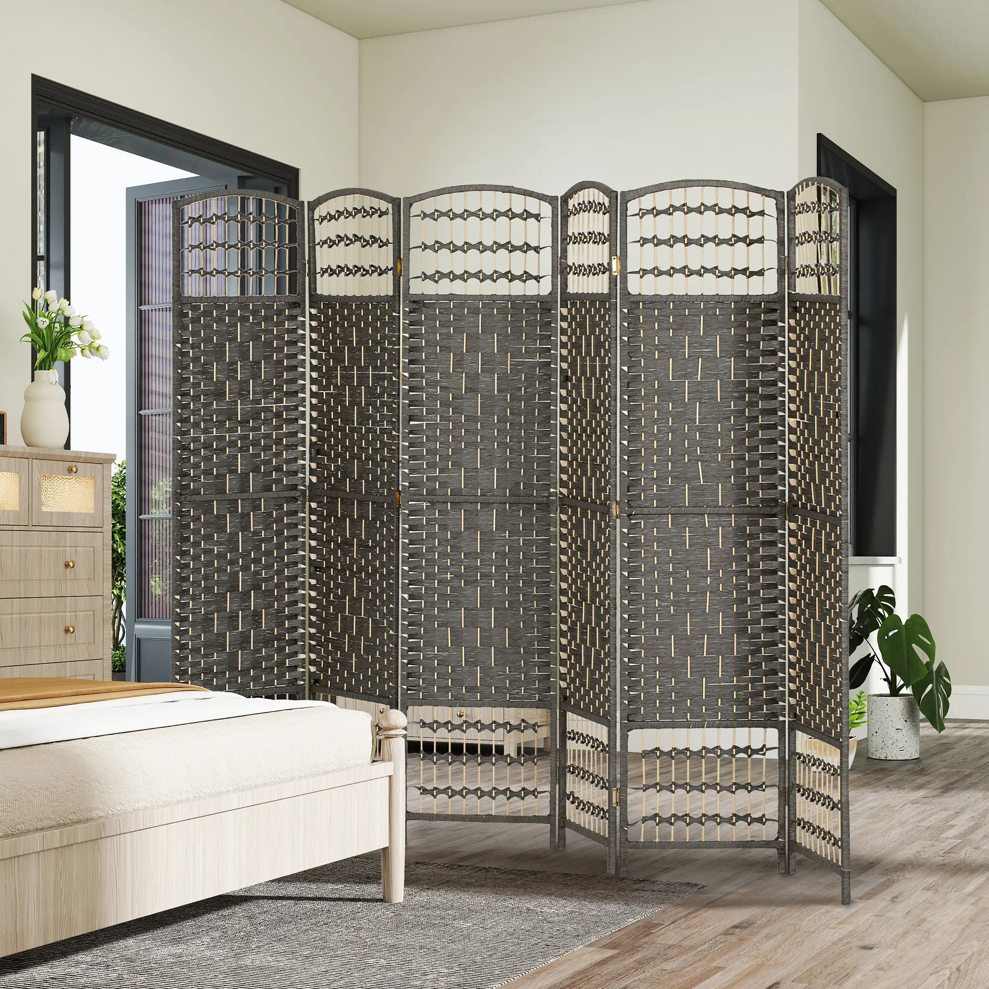 6-Panel Portable Folding Room Divider, Wave Fiber Privacy Screen with Sunscreen Shading for Home Office, Bedroom, Dark Gray