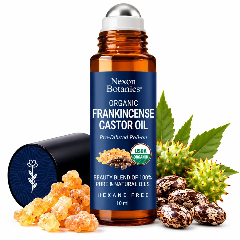 Organic Frankincense & Castor Essential Oil Roll-On, Natural Aromatherapy Body & Massage Oil for Beauty & Personal Care