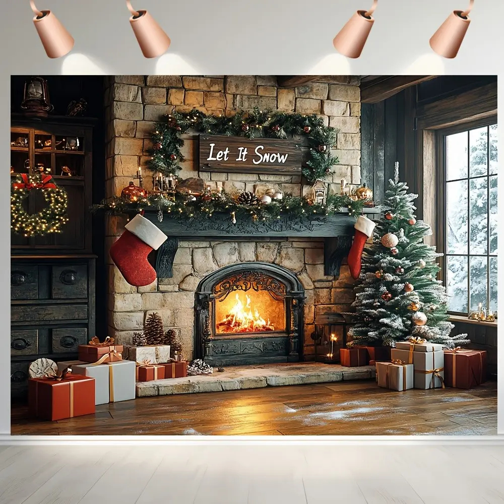 Retro Winter Christmas Fireplace Backdrop Banner - Geometric Accents, "Let It Snow" Sign, Red Stockings, Decorated Tree, Glowing Hearth, Ideal for Indoor Holiday Housewarming, Anniversary, Birthday Bonfire Decor, Hangable