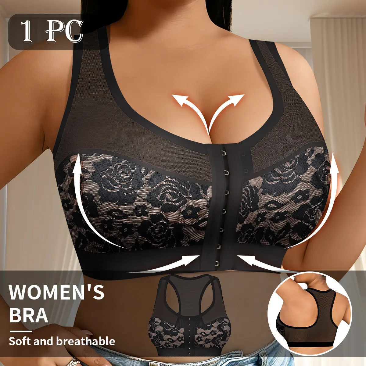 QUASTI Women‘s Front Closure Lace V-Neck Wireless Push Up Bra – Plus Size Full Coverage Seamless Everyday Bra, Breathable Light Support Posture Correction No Underwire, 1X-4XL