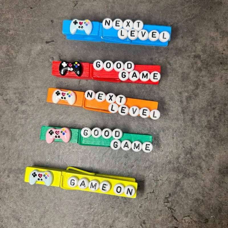 Video Game Sports backpack Clips for Softball ,volleyball, basketball or cheer. Handcrafted Wooden Clothespins with Letter beads & Plastic Charms - Perfect for Gymnastics, soccer, Basketball or any event! Set of 5 pins!