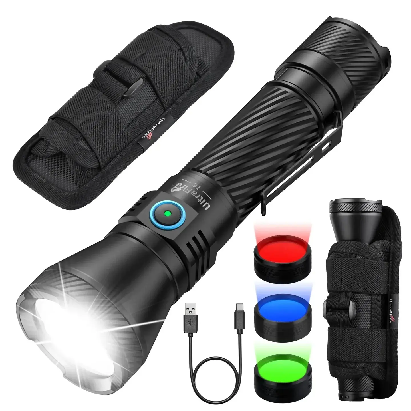 UltraFire T6 Tactical Police High Lumen Flashlights, 1800 Lumens LED Flashlight Rechargeable, 1804ft Beam, IPX-8 Waterproof, Drop-Resistant, 3 Color Filters (Red/Green/Blue), 4 Modes, Fast Charging, for Law Enforcement, Emergency Use, High Performance Fla