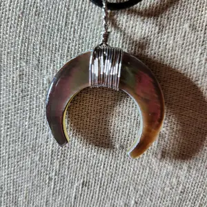 Paua Sea Shell Wire Wrapped Moon & Cord Necklace 24"