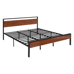 【FathersDayGift】VEVOR King Size Bed Frame, 14 Inch Black Metal Platform Bed Frame with Retro Brown Wooden Headboard and Footboard, Large Under-Bed Storage, Non-Slip Without Noise, No Box Spring Needed, Easy Assembly