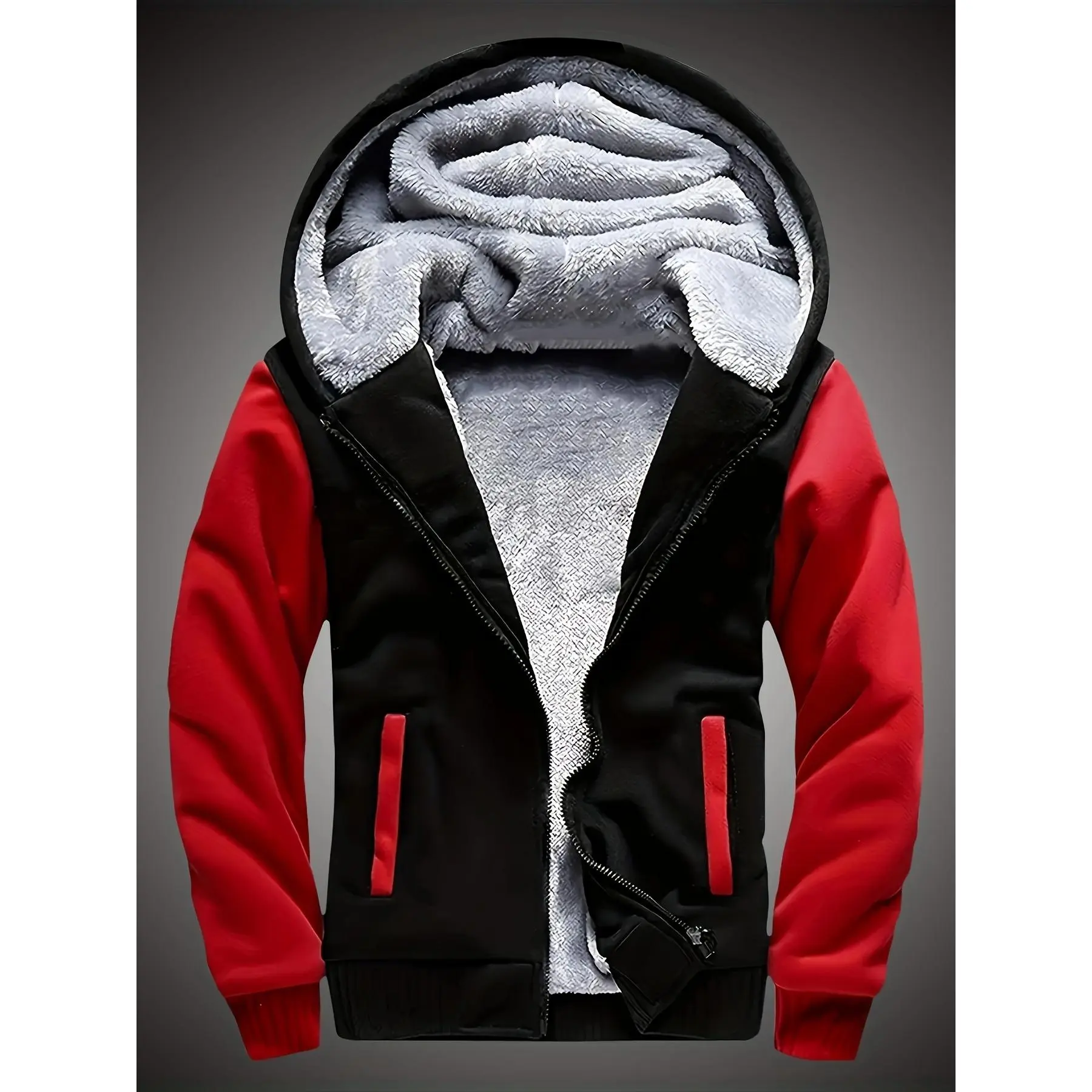 Boy's Thick Polyester Knit Fleece-Lined Hooded Jacket - Warm Zip-Up Color Clash Casual Jacket, Regular Fit Hand Wash Winter Fall Outdoor Kids' Fashion Coat