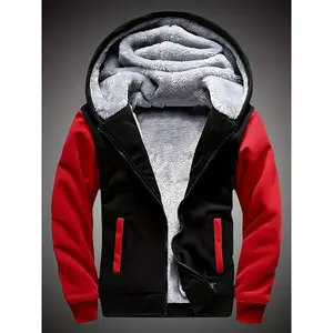 Boy'S Thick Fleece Lining Jacket, Warm Zip Up Hooded Coat, Casual Color Clash Zipper Hoodie, Boy'S Clothes Winter Fall Outdoor