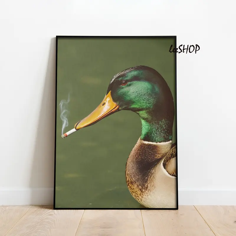 Mallard Smoking a Cigarette Vintage Poster Art Funny Duck Retro Whimsical Print Cabin Wall Decor Outdoor Sports Hunter Illustration room poster Decoration Artistic