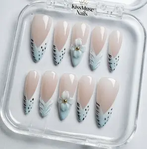 KissMuse Nails | Pastel Blue | ST-T023 | 3D Pastel Blue Flower Press On Nails 10 Pcs | Handmade Nude French Tip Nails with Gold Accent | Sweet Kawaii Nail Set