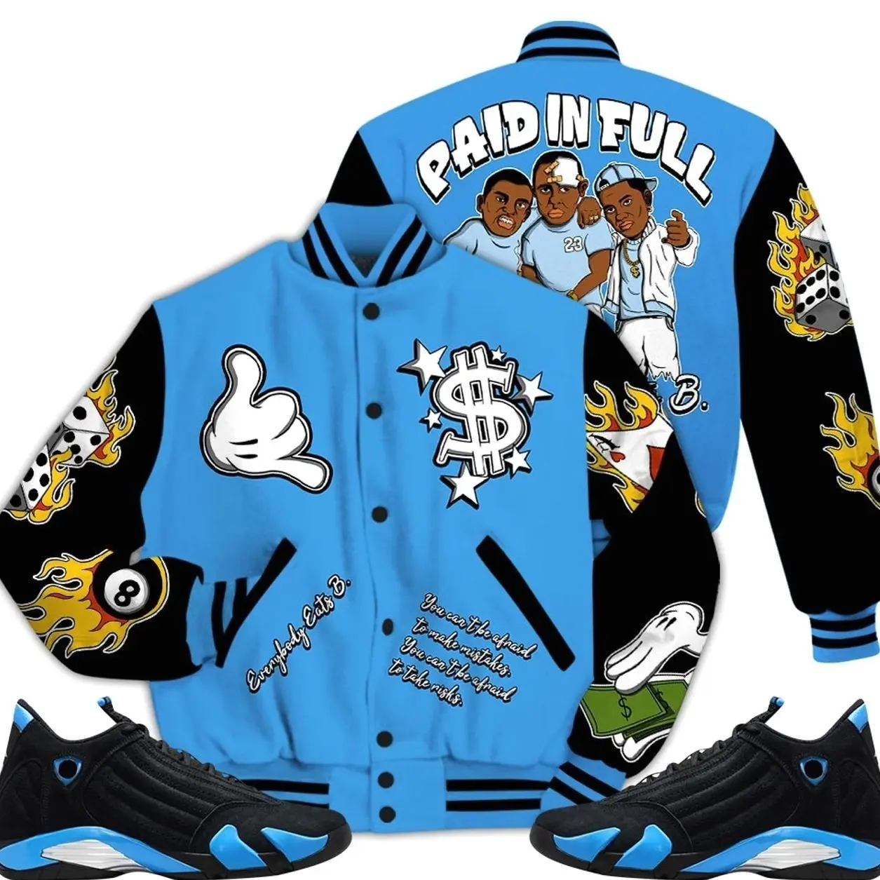 14 University Blue Outfits, Black University Blue 14s Varsity Jacket, Money Paid In Full Unisex T-Shirts To Match Sneakers Streetwear