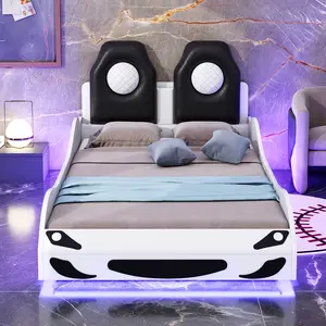 Bellemave Solid Wood Twin Size Race Car-Shaped Storage Platform Bed Frame - Day Bed Frame, LED Lighting, Upholstered Backrest, Bedroom Furniture for Comfortable Reading, TV Watching