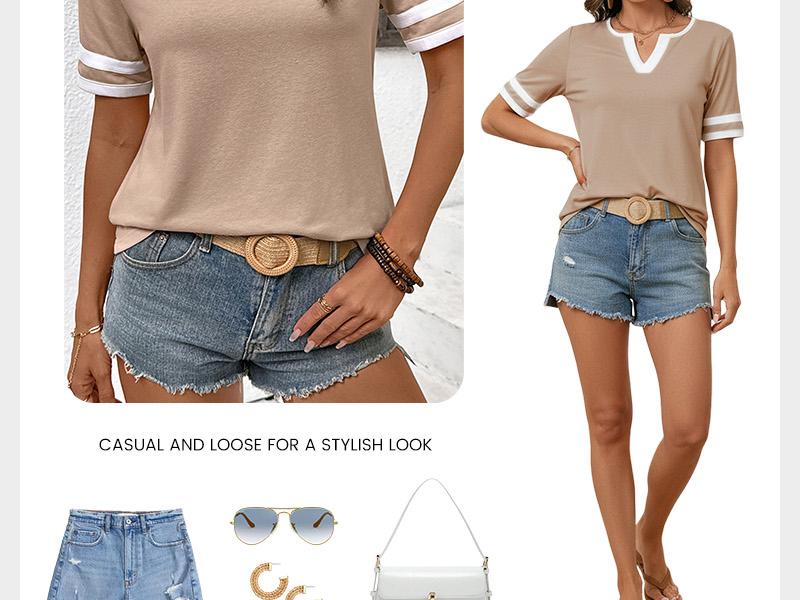 Shewin 2026 Spring/Summer Women's Casual Colorblock V-Neck T-Shirt - White with Black Trim, Short Sleeve Loose Fit Top with Striped Cuffs, Breathable Cotton Blend for Daily Wear SpringStatements