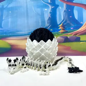 3D Printed Dragon with Egg, Articulated White and Black Cherry Blossom Dragon, 12 Inches Fidget ADHD Autism Toy D079-WBE