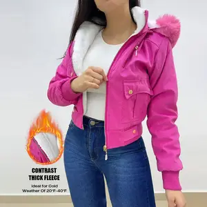 ChicMe Women's Fuzzy Trim Jacket Warm Hooded Zip Up Fleece Lined Coat Outwear/Pink Courtroom Jacket with Pockets Womenswear Cropped