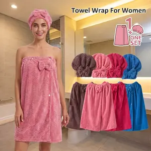 Women's 2-Piece  Bath Wrap & Hair Towel Set, Adjustable Thick Spa Shower Wrap with Matching Hair Turban, Soft Absorbent Towel Skirt for Home, Travel, Sauna & Spa, 
