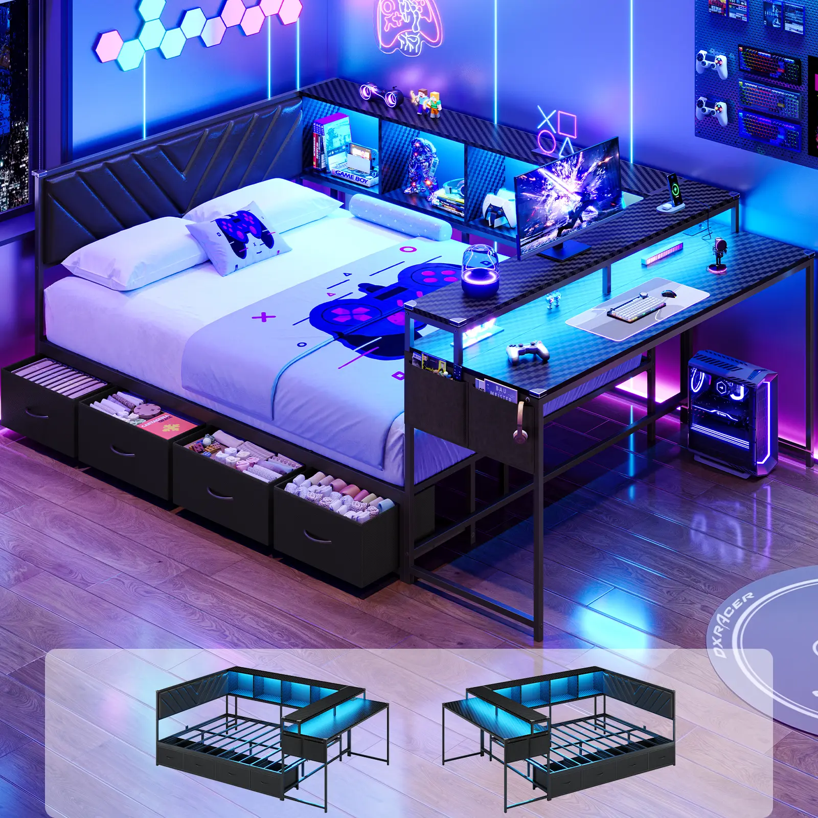 Hasuit Twin/Twin-Full Corner Bed Frame with Desk, 4 Storage Bookcases, RGB LEDs, Upholstered Headboard, Carbon Fiber Accents, Wood-Metal Construction (Gaming-Focused), Twin Bed Frame
