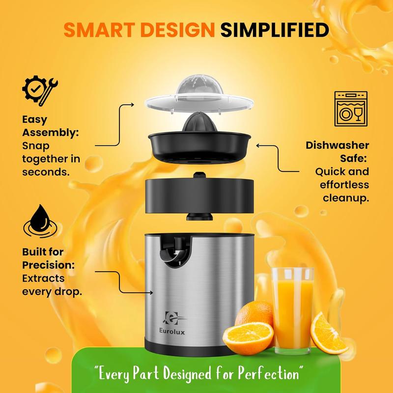 Eurolux Electric Citrus Juicer - Powerful Motor, Anti-Drip System, Dishwasher Safe Parts, Stainless Steel Housing, Automatic Start/Stop, for Orange, Grapefuit, Lemon, Lime,