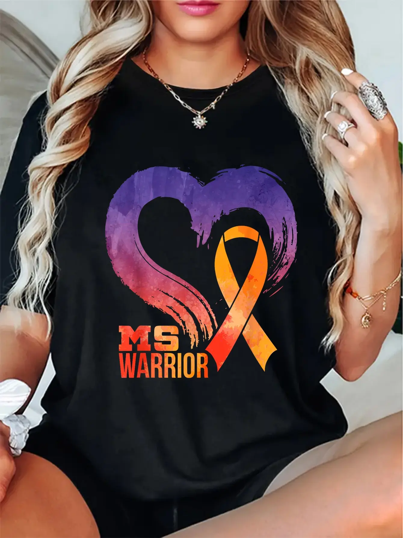 100% cotton Ms Warrior Heart Multiple Sclerosis Awareness Month T-Shirt casual Fashion graphic tees women women graphic shirts
