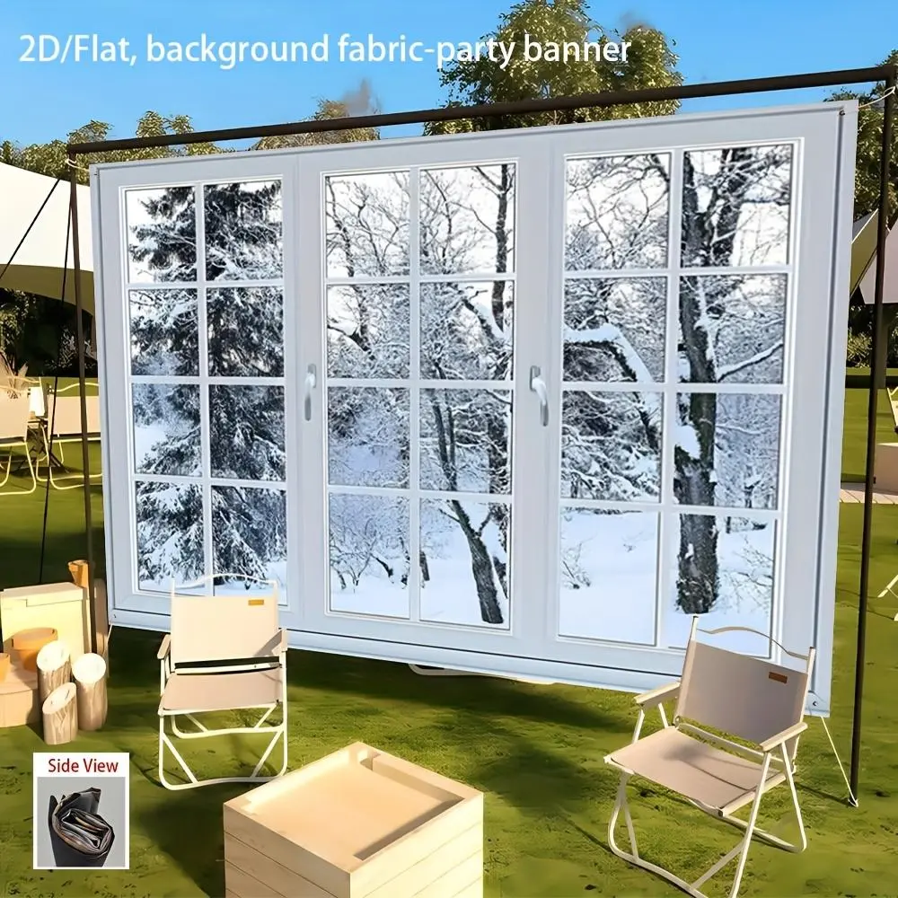 1pc Polyester 2D Flat Winter Wonderland Window View Wall Mural - Snowy Forest Scene with White Frames & Decorative Stickers, Holiday Party Decor for Living Room, Office