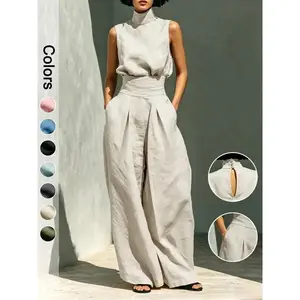 MG1 Minimal High Neck Sleeveless Top, Retro Boho Ruffle Sleeveless Top and Pants Set, Solid Color Casual Suit,  2-Piece Elegant Set Chic Mock Neck Halter Top & High-Waisted Wide-Leg Pants, Trendy Old Money Aesthetic Outfit for Summer（Size Up Recommended）
