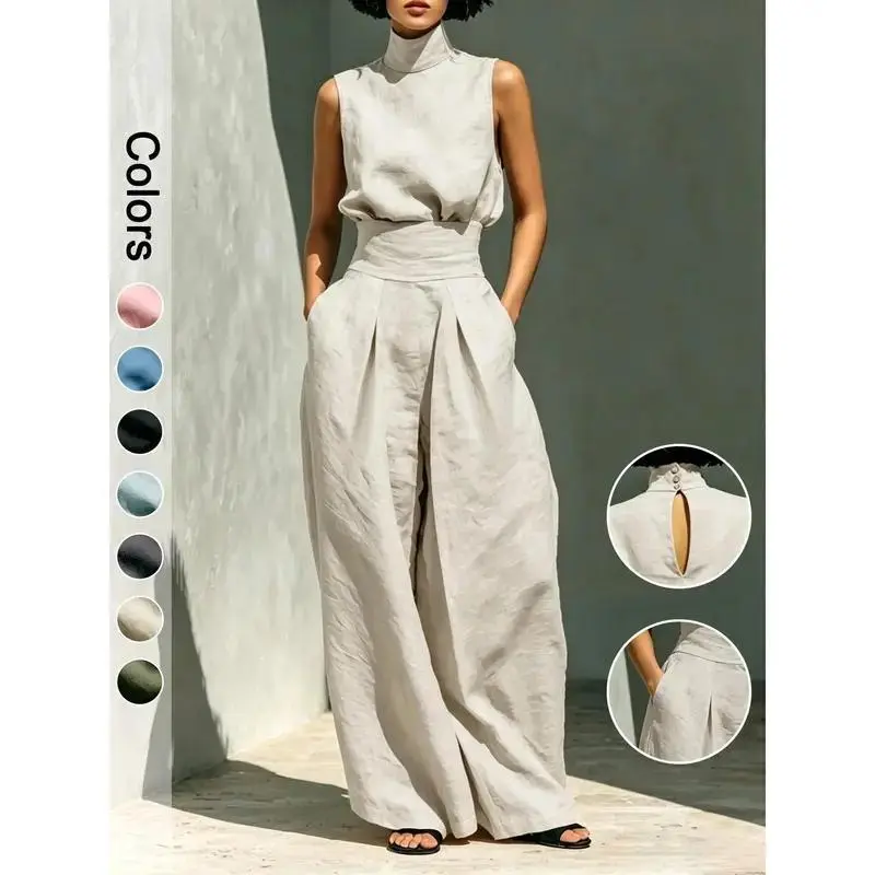 MG1 Minimal High Neck Sleeveless Top, Retro Boho Ruffle Sleeveless Top and Pants Set, Solid Color Casual Suit,  2-Piece Elegant Set Chic Mock Neck Halter Top & High-Waisted Wide-Leg Pants, Trendy Old Money Aesthetic Outfit for Summer（Size Up Recommended）