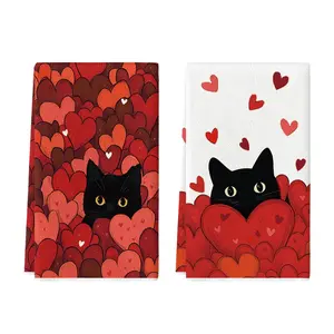 Black Cats Pink/Red Hearts Valentine's Kitchen Towels Dish Towels, 18x26 Inch Anniversary Wedding Decoration Cleaning Set of 2