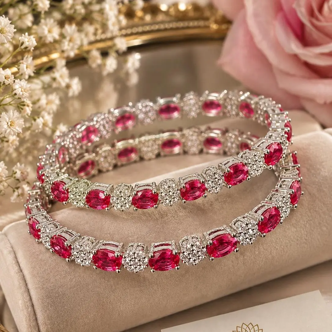 Ruby Pink Crystal Bangles, Silver Tone Floral Stone Bangles in Size 2.8 or 2.10, Indian Pakistani Wedding & Eid Jewelry for Women