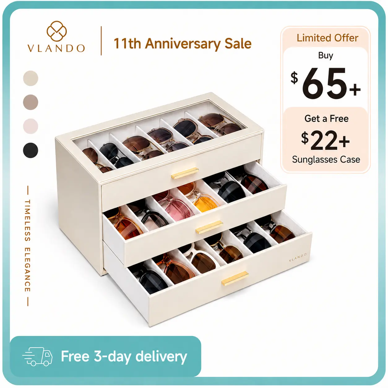 VLANDO Sunglasses Organizer Case,  Eyeglass Storage Box with Clear Lid and 2/3/4 Drawers, PU Leather Glasses Holder for Women and Men, bedroom  organizer summerwins,dorm essentials,home decor