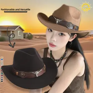 Unisex Vintage Felt Wool Fedora, Classic Western Cowboy Hat with Rolled Edge & Cow Label, Riding Outdoor Hat