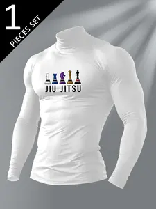 Men's 'JIU JITSU' Chess Pieces Graphic Turtleneck Compression Top – High-Neck Quick-Dry Athletic Base Layer, Brazilian Jiu-Jitsu Training Shirt