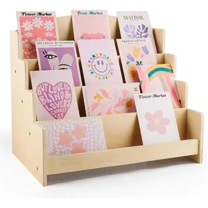 4-Tier Wooden Greeting Card Display Stand, Sticker Organizer Rack, Retail Counter Holder for Postcards and Photos& Stationery Vendors (Burlywood)