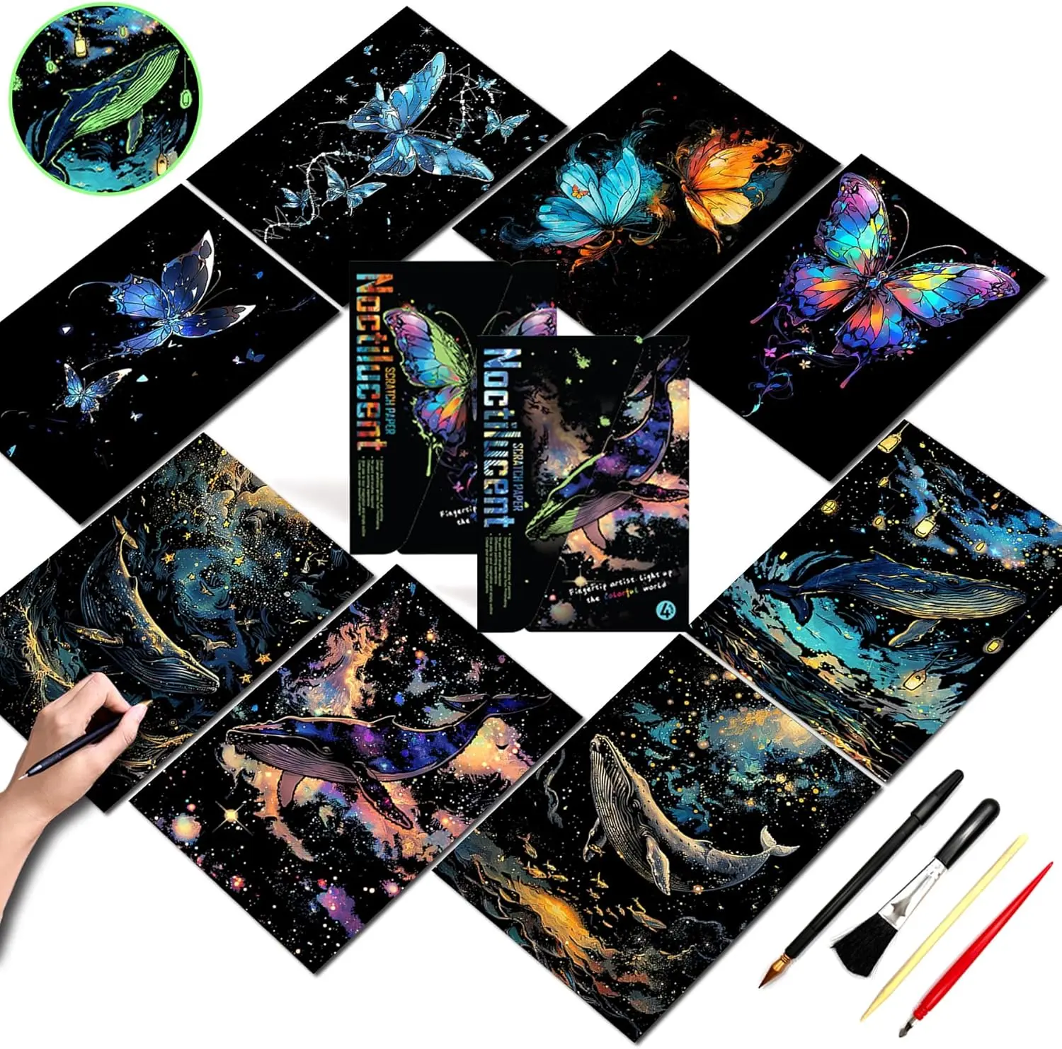 Scratch Art for Adults and -Glow in The Dark Scratch Painting Craft Kit (8 Sheets A4)|DIY Foil Engraving Art Set|   for Travel Lovers,Craft Lovers, Decors (Butterfly & Whale)