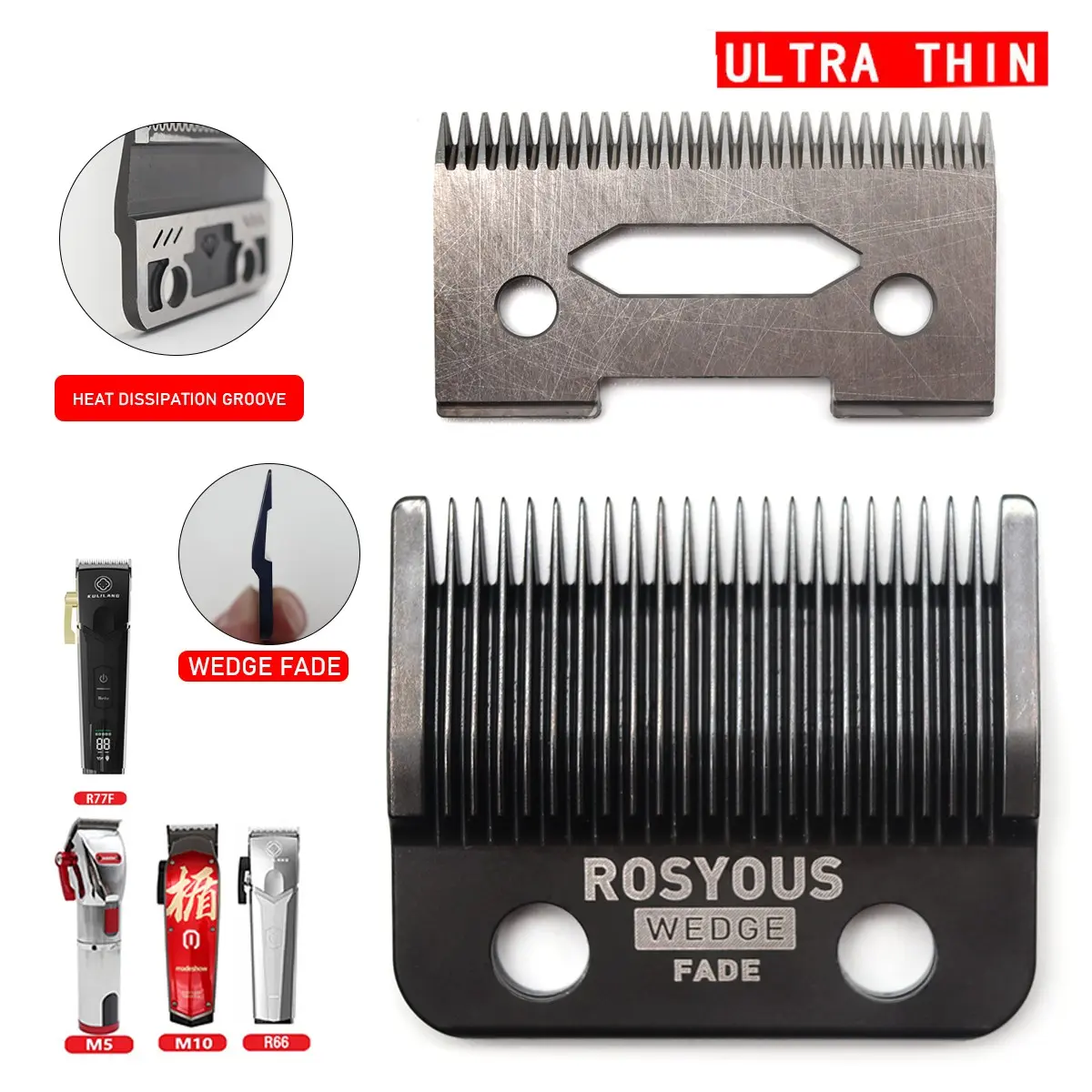 Ultra Thin FADE Blade Trimmer Replacement Steel DLC Blade Heat Dissipation Groove Professional Hair Clipper Accessories Wedge Fade for Madeshow Kulilang M5 M10 R66 R77F