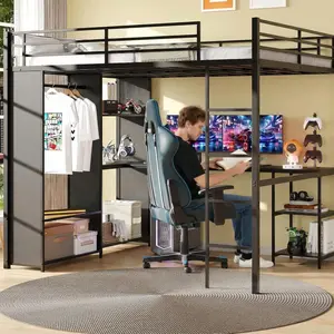 Queen Metal Loft Bed Frame with Built-in Desk, Wardrobe & Storage Shelves, Featuring Safety Guardrail and Durable Ladder for Space-Saving Bedrooms, Black