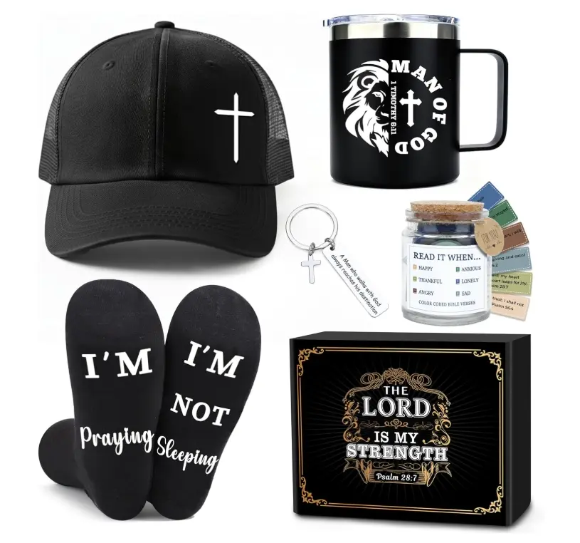 Christian Gifts for Men Faith Based Spiritual Stuff Religious Basket Catholic Present Baptism Gifts Pastor Appreciation Gift Set Christian Accessories for Men with Bible Verse Keychain Mug Socks