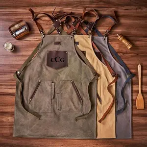 Personalized Canvas Leather Apron Barbeque Apron Men's Chef Apron with Large Pockets Adjustable Straps