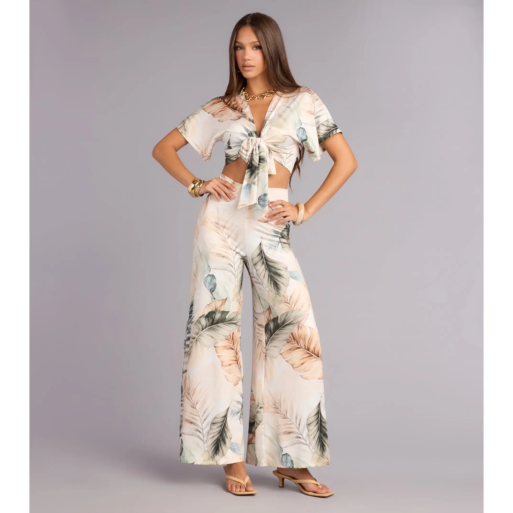 Getaway Mode Tropical Print Wide-Leg Pants