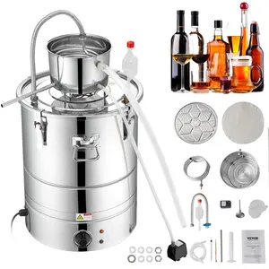 【Father's Day】VEVOR Alcohol Still, 15 Gal 50L Water Alcohol Distiller, Home Distillery Kit include Stainless Steel Tube & Pump & One-way Exhaust Valve & Thermometer (30-120℃ ) for DIY Whisky Wine Brandy, Silver