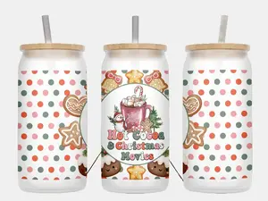 Christmas Glass Cup, Frosted Glass Can, Glass Cup, Christmas, Gingerbread, 16oz Glass Cup with Bamboo Lid and Straw, Frosted Tumbler Cup, Christmas Movies