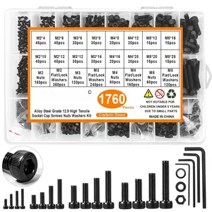 1760 count Nuts and  Assortment Kit, M2 M3 M4 M5 Metric Screws with Lock & Flat Washers, 12.9 Grade Alloy Steel Hex Socket  Cap Black Zinc Rust-Proof Set Screw with 4 count Hex Wrenches
