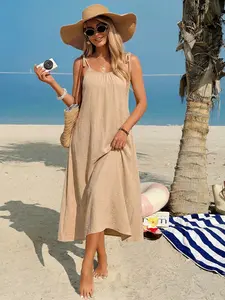 Strapless Dress, Ruched Texture Fabric, Adjustable Shoulder Straps, Loose Fit, Perfect for Beach Vacation, Casual and Lazy Style