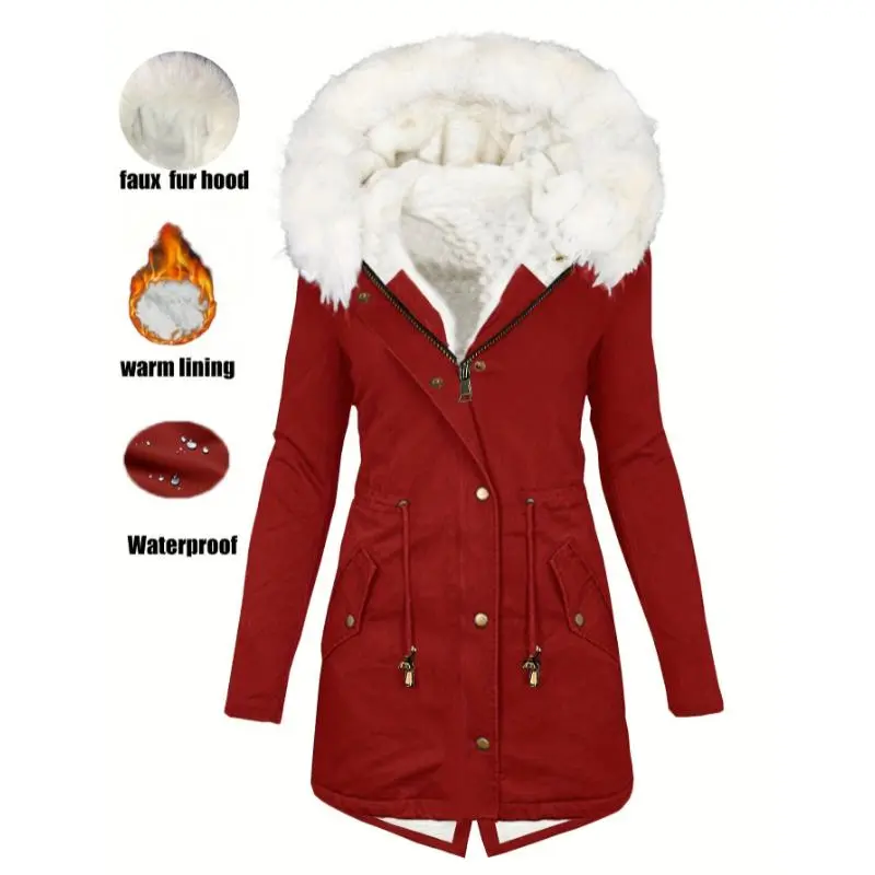 DrawstringWaistFleeceHoodedJacket,CasualZipWarmWinterJacketWithPockets,Women'sClothing