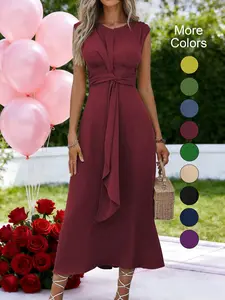 Women's Sleeveless Round Neck Plain Waist-Cinched A-Line Dress with Slimming Front Design, Perfect for Daily Commute