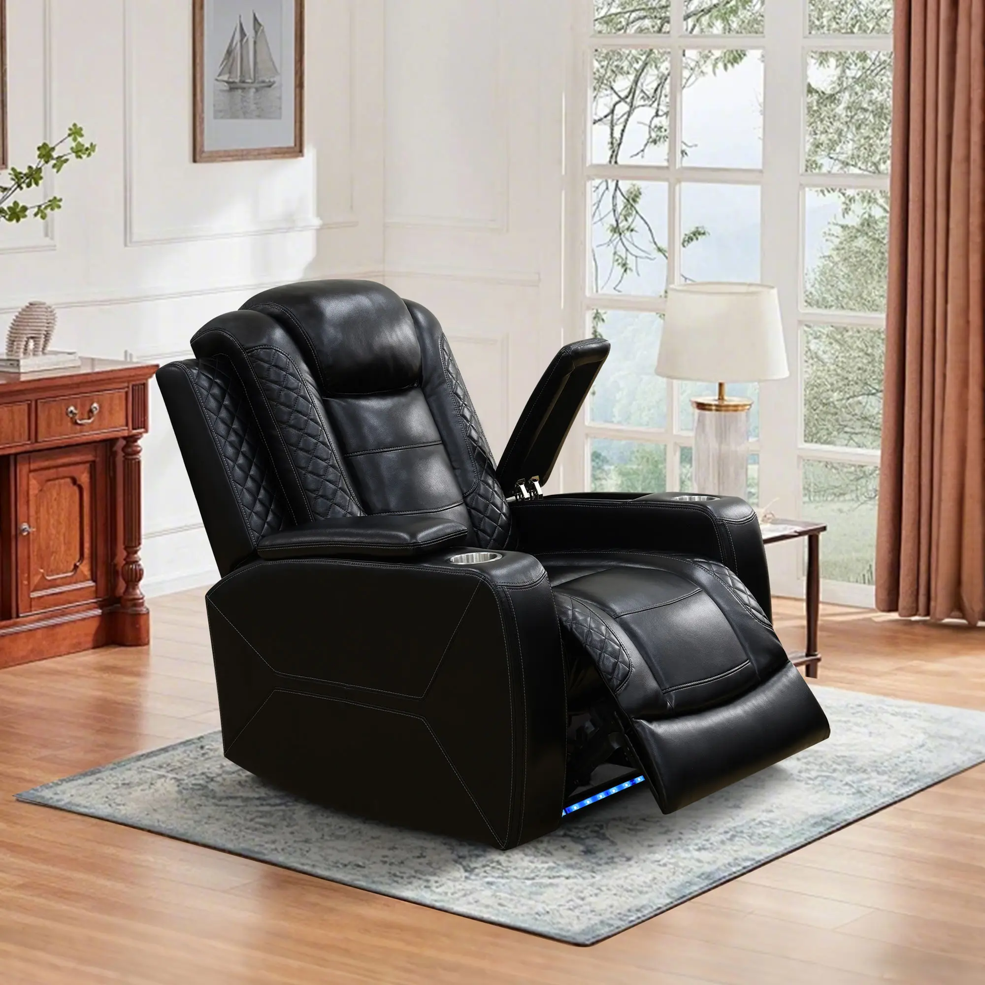 Luxury Single Power Recliner Chair - Black Breathable Faux Leather, Diamond Stitching, Cup Holders, Hidden Side Storage, Ergonomic Comfort for Living Room, Movie Room