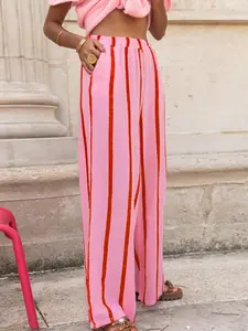 Women's Pink Vertical Striped Wide Leg Pants, Loose Versatile Long Pants for Summer Beach Vacations