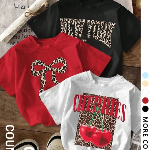 Women's Cherry Print Leopard Round Neck Fitted Breathable Tee, Fashion Casual Style Crew Neck Design Short Sleeve T-shirt for Daily Holiday Vacation Outdoor Wear, Ladies Clothes for All Seasons, Top, Aesthetics