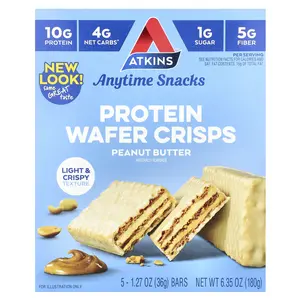 Atkins Anytime Snacks, Protein Wafer Crisps, Peanut Butter, 5 Bars, 1.27 oz (36 g) Each