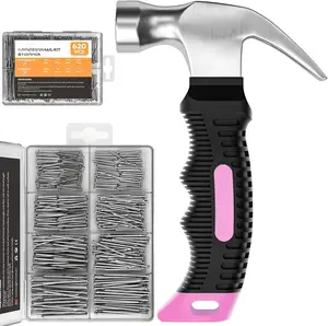 620 count Small Nails for Hanging Pictures Assortment Kit with 8oz Pink Small Hammer, Mini Hammer Set with Hardware Nails Assorted Set 310 Wall Nails & 310 Finish Nails for Installing with Case