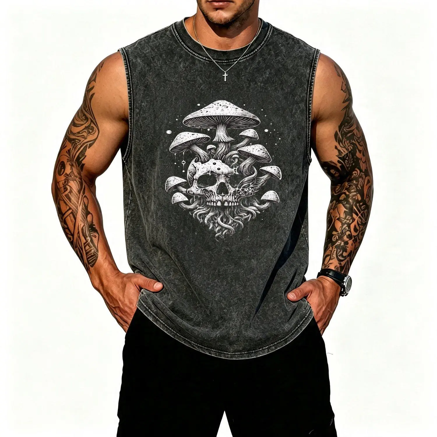 2026 Popular Style Dark Skull And Mushroom Print Streetwear Distressed Vest Made For Sports Fitness Machine Washable Plus Size Vest 2026 Street Fashion Trend Plus Size