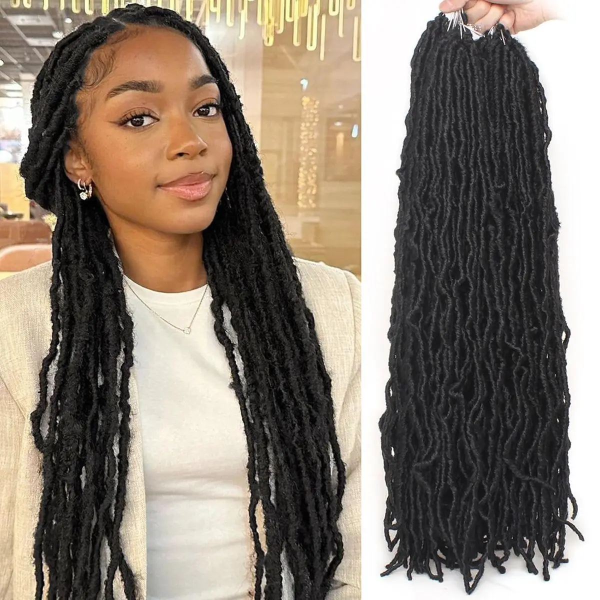 New Soft Faux Locs Crochet Braids Hair 24 Inch Long Distressed Goddess Locs 6 Packs Natural Black Pre Looped Messy Butterfly Locs Curly Wavy Synthetic Hair Extensions for Women #1B