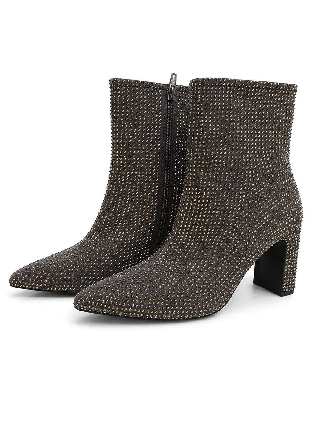 Women's Rhinestone Ankle Boots - Ankle Length, Pointed Toe, Block Heel Booties with Side Zipper for Special Events